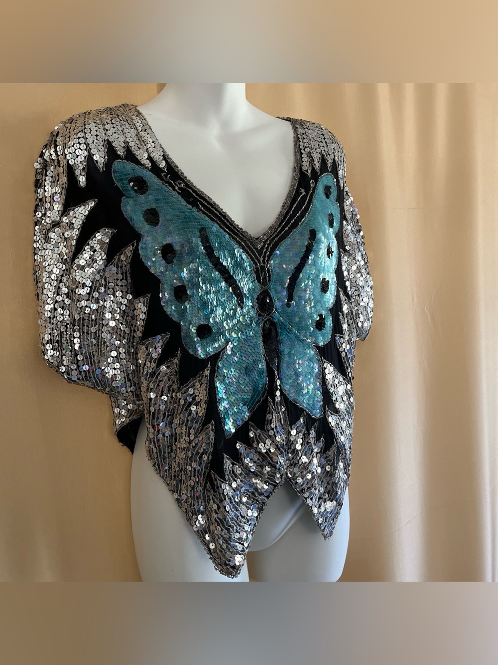 Unique Vintage Turquoise & Silver Sequin Butterfly V-Neck Top